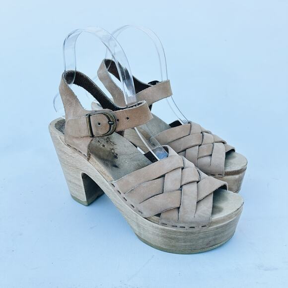 No. 6 Woven Leather Wooden Clogs Heels Sandal Beige 7 Tan Natural 37 Ankle Strap - Picture 2 of 14